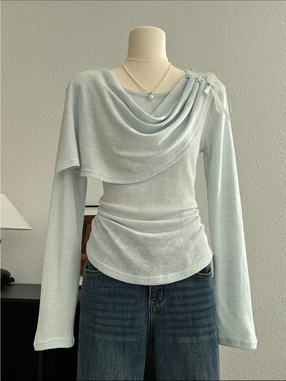 Light Blue Draped Long-Sleeve Women's Top